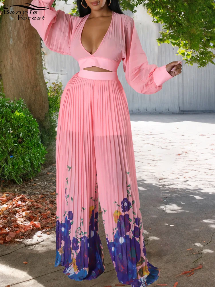 

Bonnie Forest Elegant Deep V Neck Crop Top And Pleated Matching Pants Set Chffion Wide Legs Pants Set Vacation Outfits Clubwear