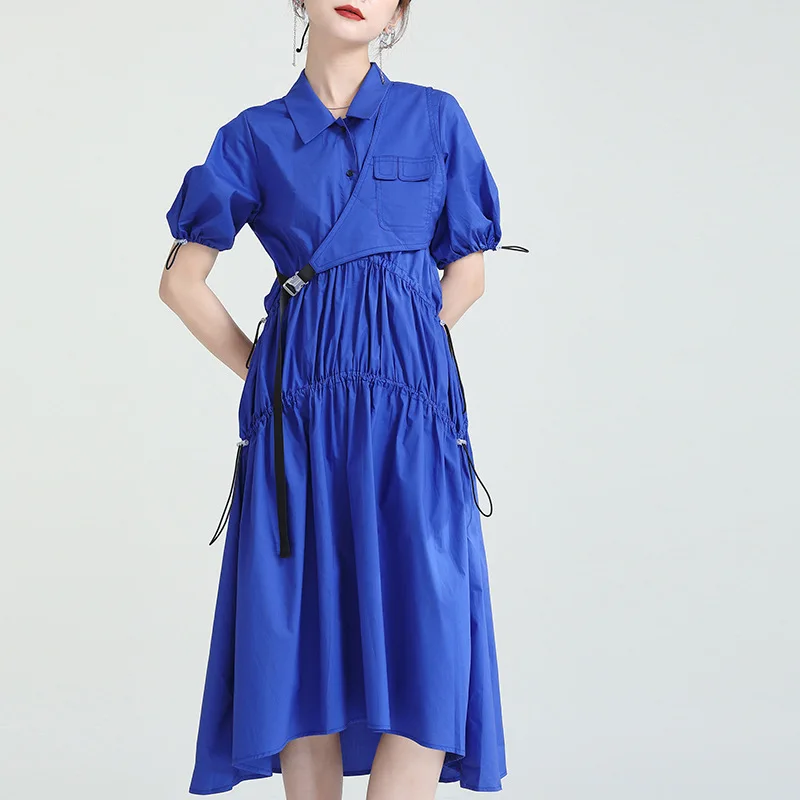 

Fashion Tide Spring Summer 2022 Women Blue Pleated Big Size Long Shirt Dress New Lapel Short Sleeve Loose Fit Shirt Dress