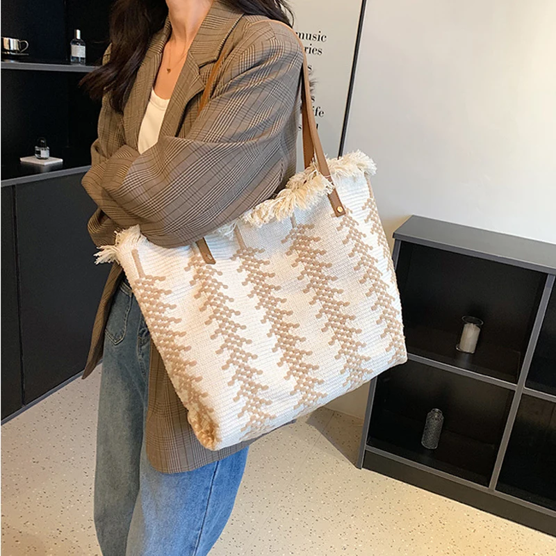 

Модные большие сумки-тоут, роскошные дизайнерские хлопковые плетеные женские сумки на плечо, сумка-шоппер с кисточкой, кошелек 2022