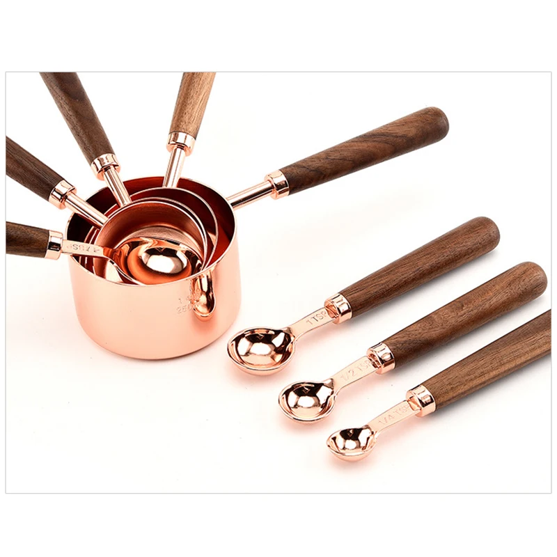 

2022 4/8 Pcs Stainless Steel Wooden Handle Measuring Cup Spoon Professional Kitchen 4/8 Pcs Sugar Salt Flour Measuring Cup Spoon