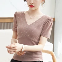 new summer clothes bubble sleeve v neck fashion foreign style hot drill short sleeve t shirt womens wholesale