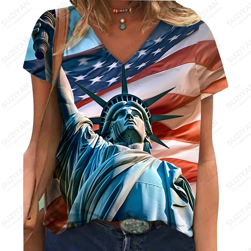 Летняя новинка, женская футболка с V-образным вырезом, женская футболка с 3D-принтом в виде американского флага, Повседневная модная футболка с V-образным вырезом Летняя новинка, женская футболка с V-образным вырезом, женская футболка с 3D-принтом в виде американского флага, Повседневная модная футболка с V-образным вырезом