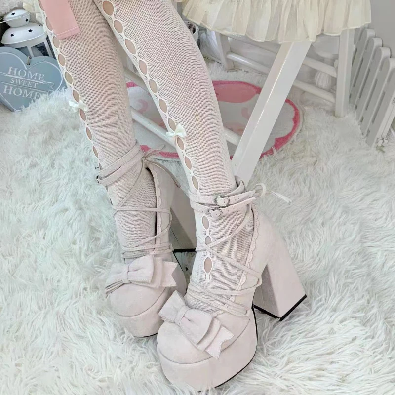 Platform Chunky Heel Lolita Mary Jane High Heels Women Brand Design Cross Tied Pink Bow Female Sweet Cosplay Pumps Party Prom
