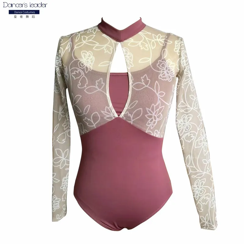 

Балетное трико для женщин, имитация двух частей кружевного сетчатого принта, дизайнерское гимнастическое трико, костюм для балета, сценики