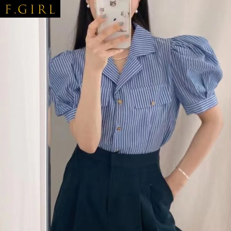 

F GIRLS Office Lady All-match Shirt Blouse Women Notched Puff Sleeve Single Breasted Camisas Striped Vintage Blusas Mujer