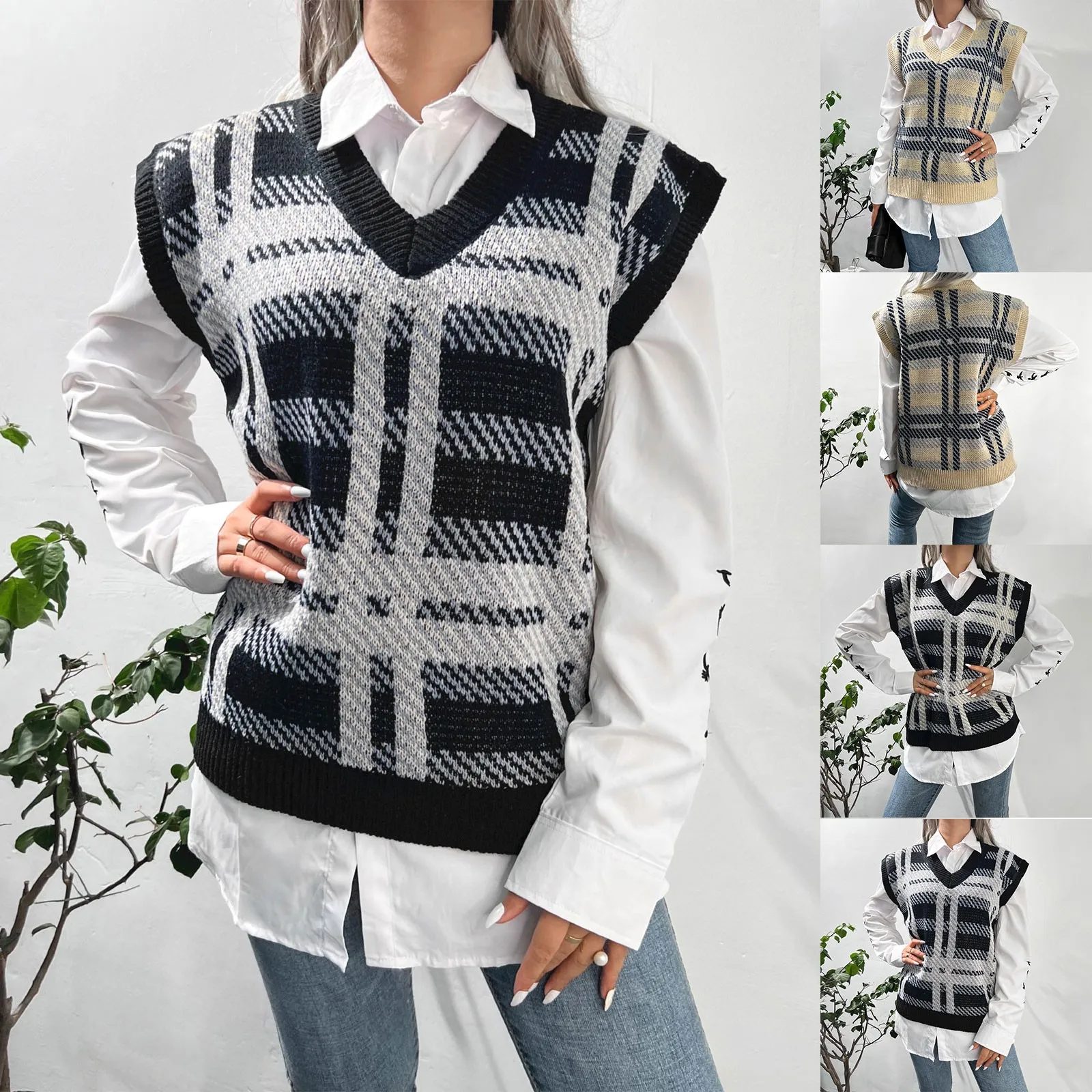 

Корейский женский свитер, жилет, 2022, вязаный клетчатый жилет, модная повседневная верхняя одежда в стиле ретро Harajuku, элегантные женские жилеты