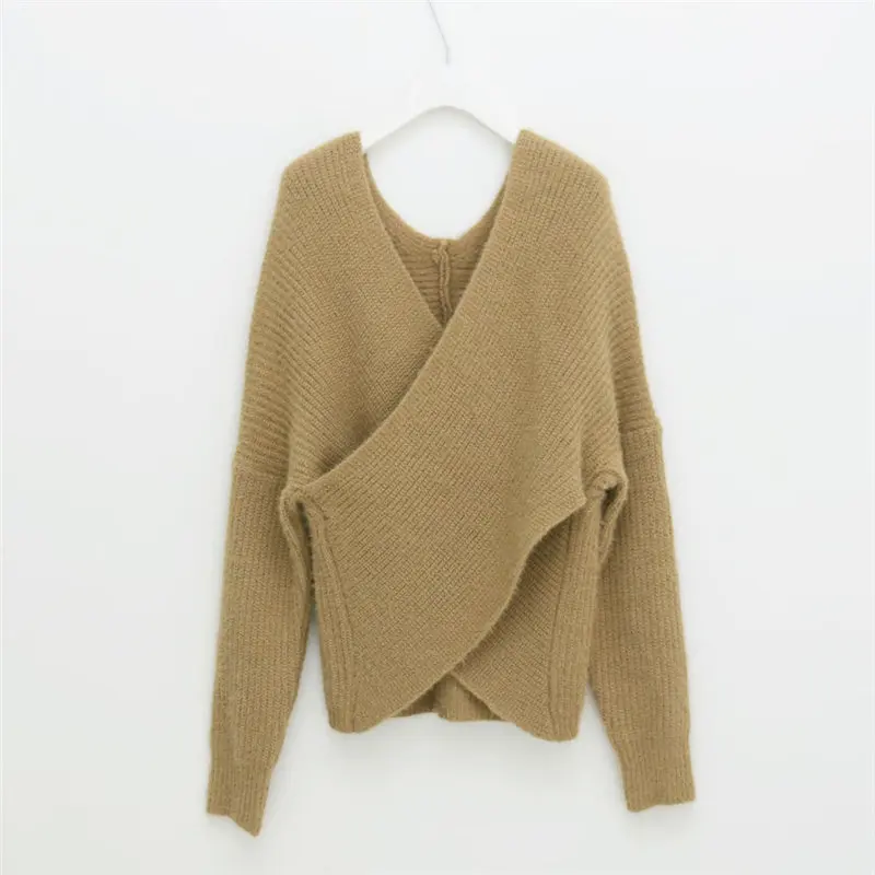 

Korean Autumn Women Tops Chic Sexy Cross V-Neck Sweaters Pink Solid Soft Warm Loose Elegant Sweet Knitted Gentle Pullovers Woman