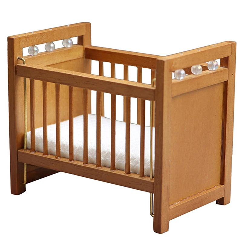 

1/12 Dolls House Miniature Wooden Nursery Cradle with Matress Baby Crib Modle Toys 1:12 Dollhouse Furniture Decorate Accessory
