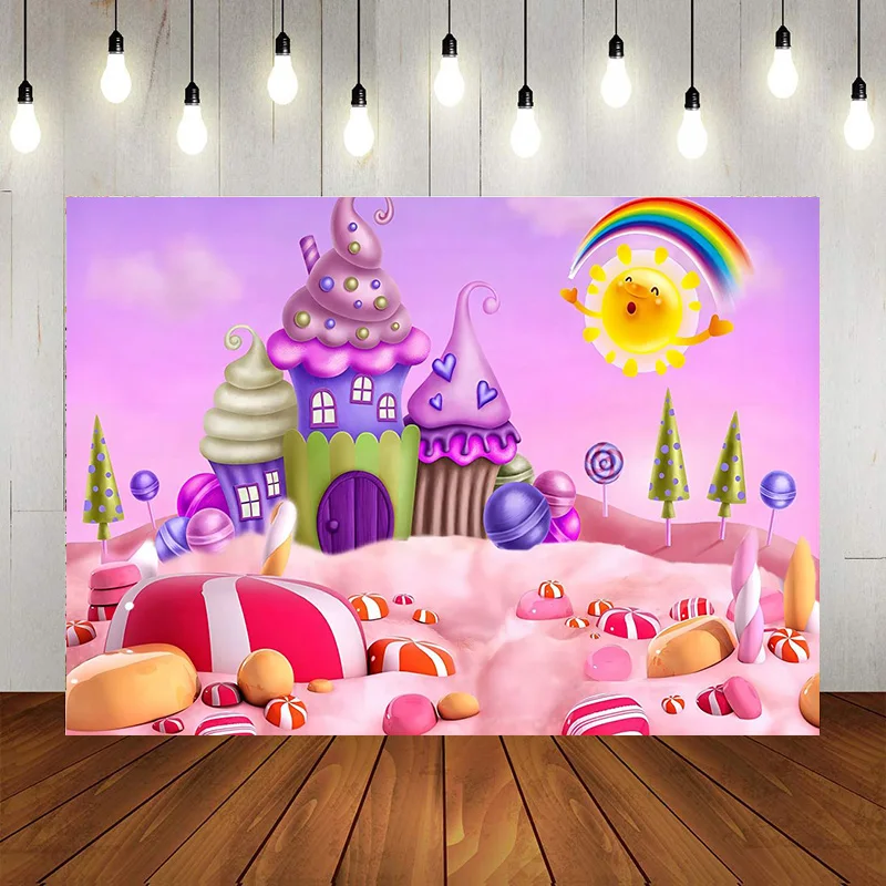 

Cartoon Candyland Sweets Backdrop Photography Lollipop Sun Rainbow Background Baby Shower Birthday Party Banner Props