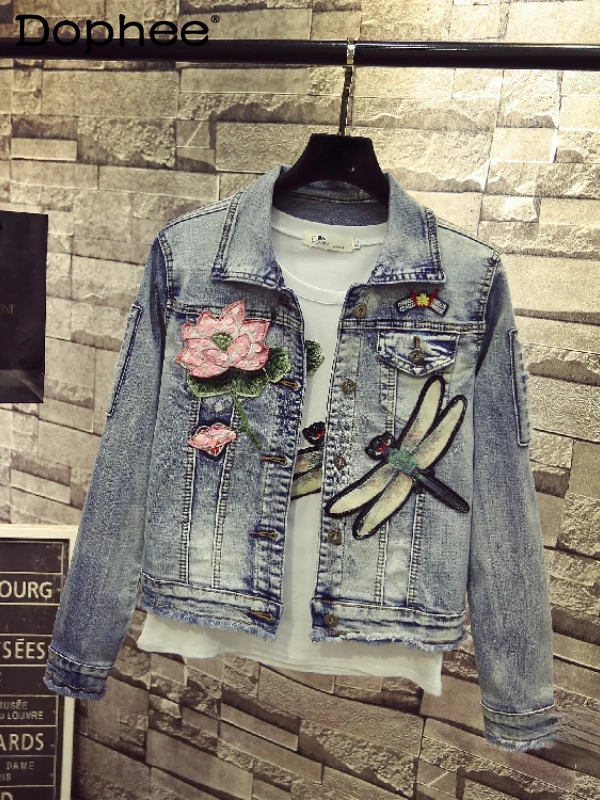

2022 Spring Summer New Fashion Short Denim Coat Lotus Dragonfly Patch Long Sleeve Turn Collar Slimming Jacket Street Trendy