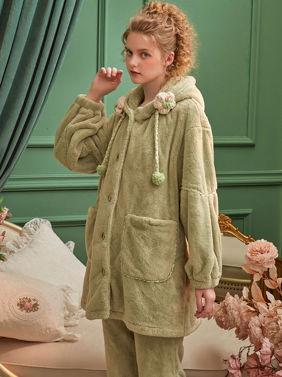 Женская пижама из кораллового флиса Chenxi зимний комплект с длинными рукавами