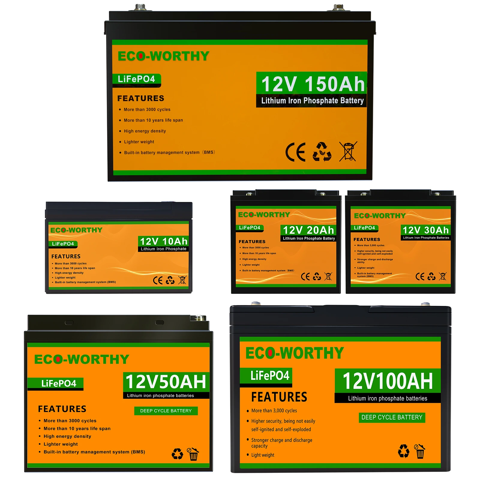 

ECO-WORTHY 12V 8Ah-150Ah Lithium Iron Phosphate Battery LiFePO4 For Power Wheel Scooter Fishfinder Trolling Motor