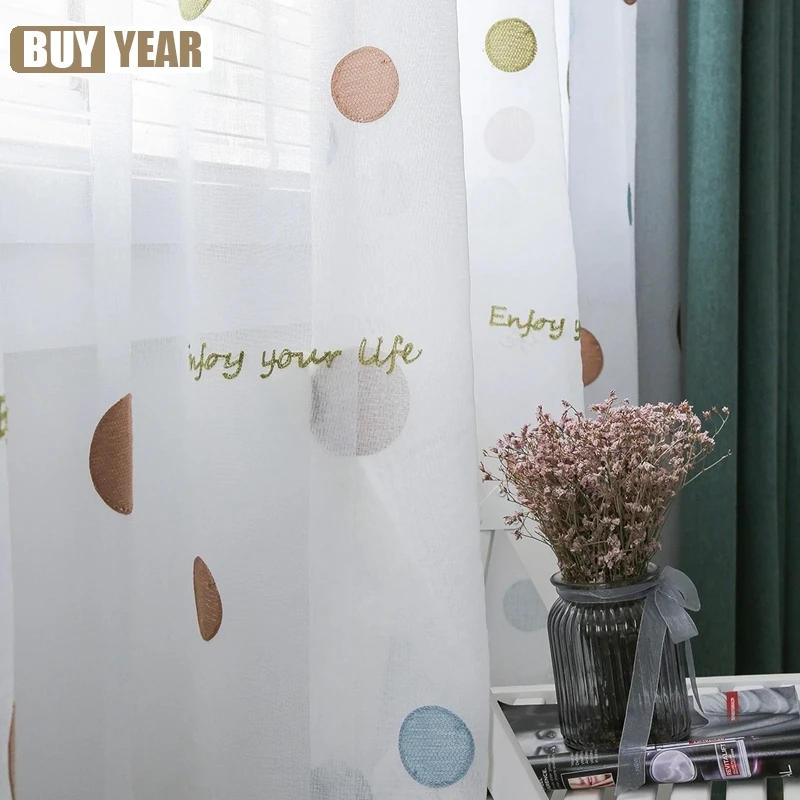 

Colorful Dots Embroidered Sheer Voile Curtain for Living Room Lovely Tulle Window Curtain for Kids Girls Bedroom