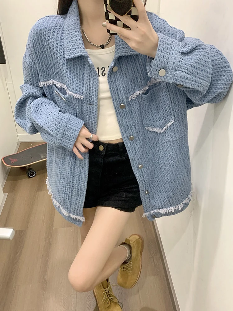 

Jmprs Japan Tassel Women Denim Jackets Fashion Streetwear Oversize Loose Bf Jean Coats Chic Long Sleeve Pockets Autumn Lady Tops