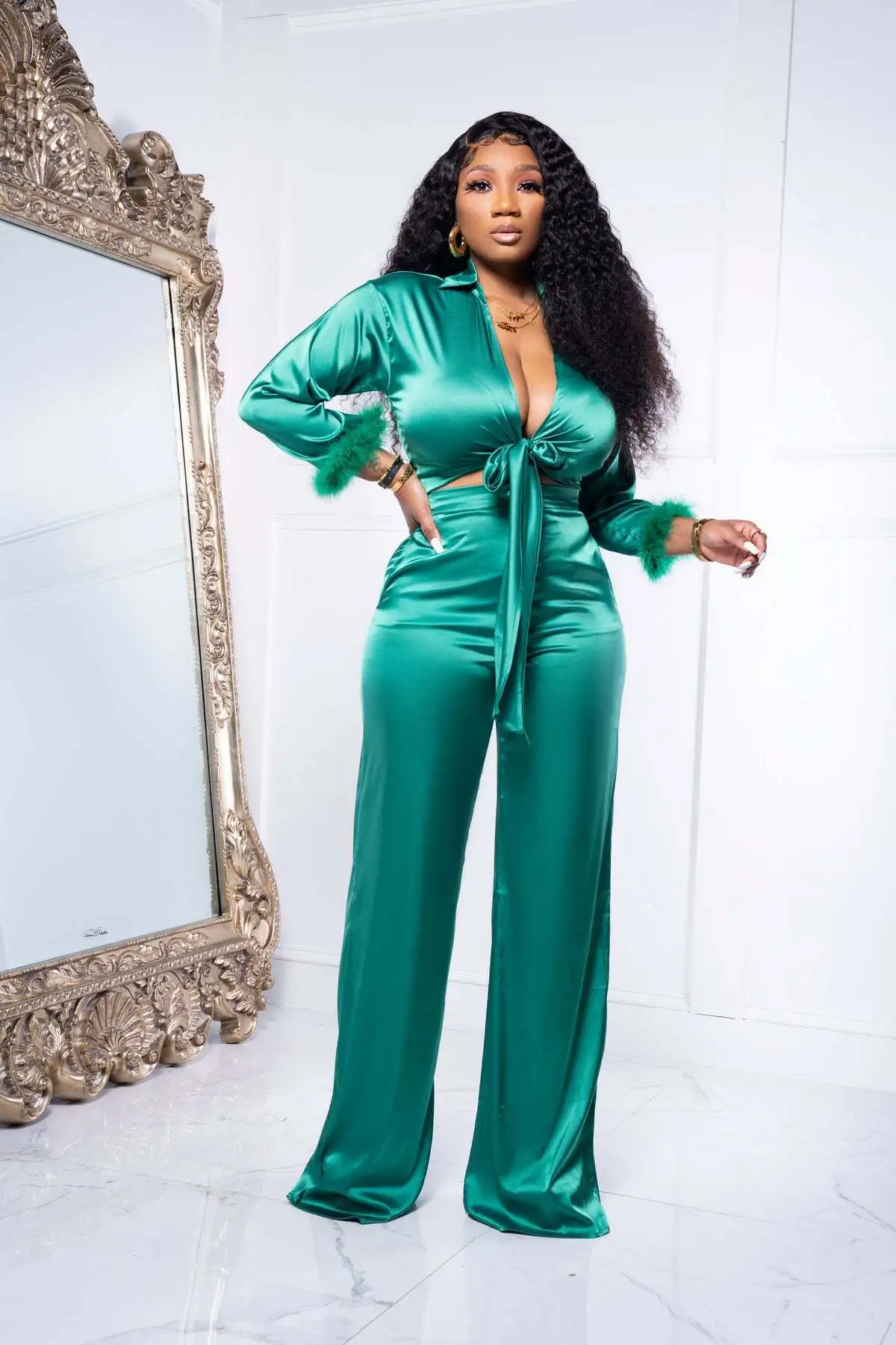 

Ronikasha Track Suits for Women Set 2 Piece Long Sleeves Tie Front Crop Top and Long Pants Outfits