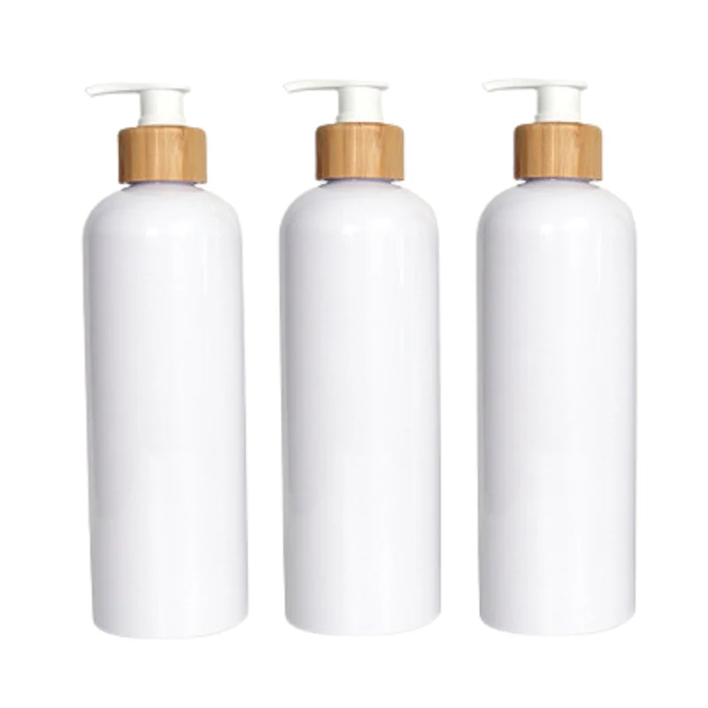 

500ML Empty Plastic White Round Bottle PET Bamboo Wooden Collar Lotion Press Pump Refillable Cosmetic Packaging Container 15Pcs