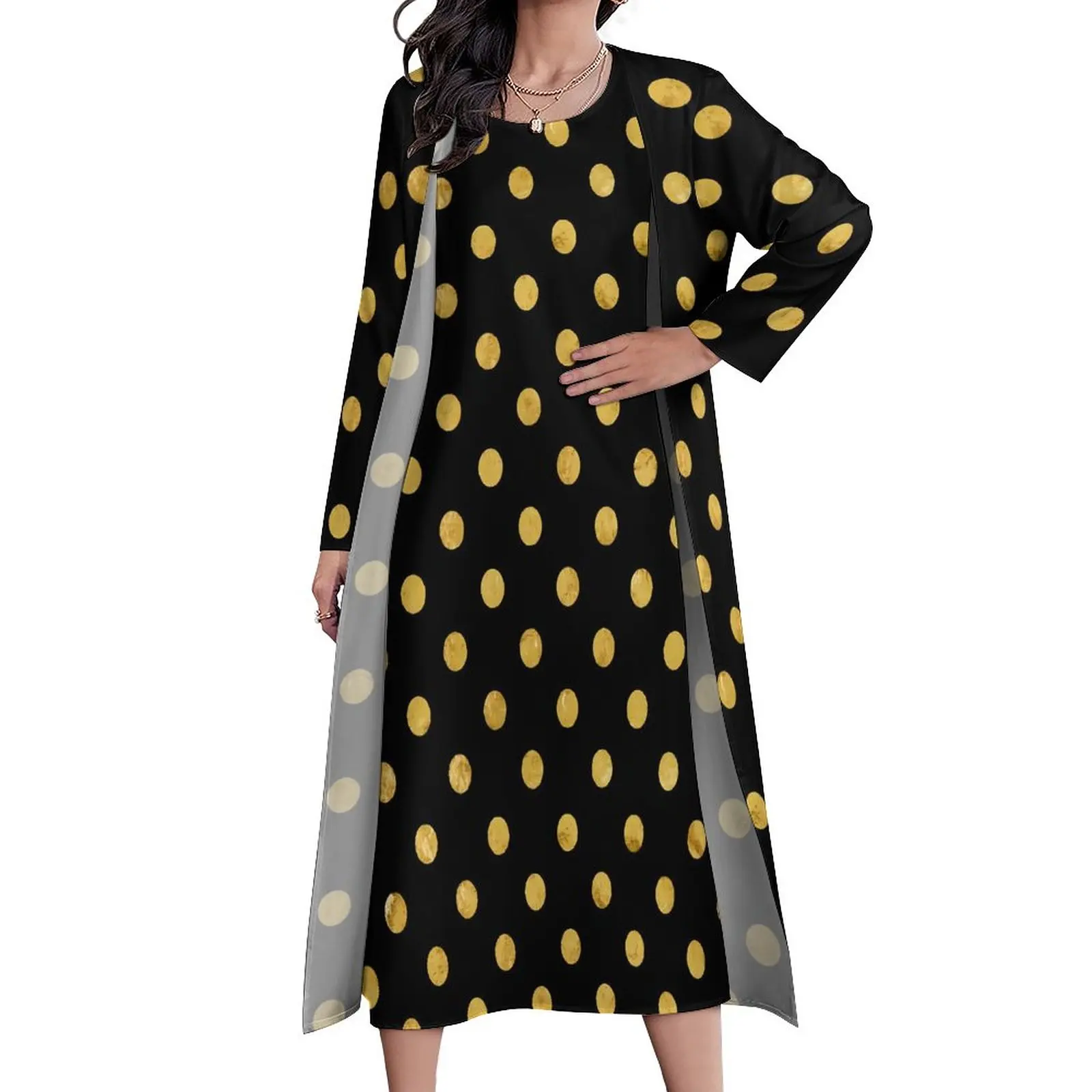 

Gold Dot Dress Autumn Polka Dots Print Street Wear Bohemia Long Dresses Female Design Modern Maxi Dress Large Size