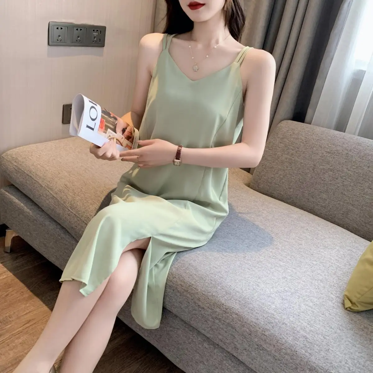 

Summer Dress for Women Midi V-Neck Slip Strapes Chiffon Solid Korean Style Casual Loose Holiday Ladies Robe Femme Clothing