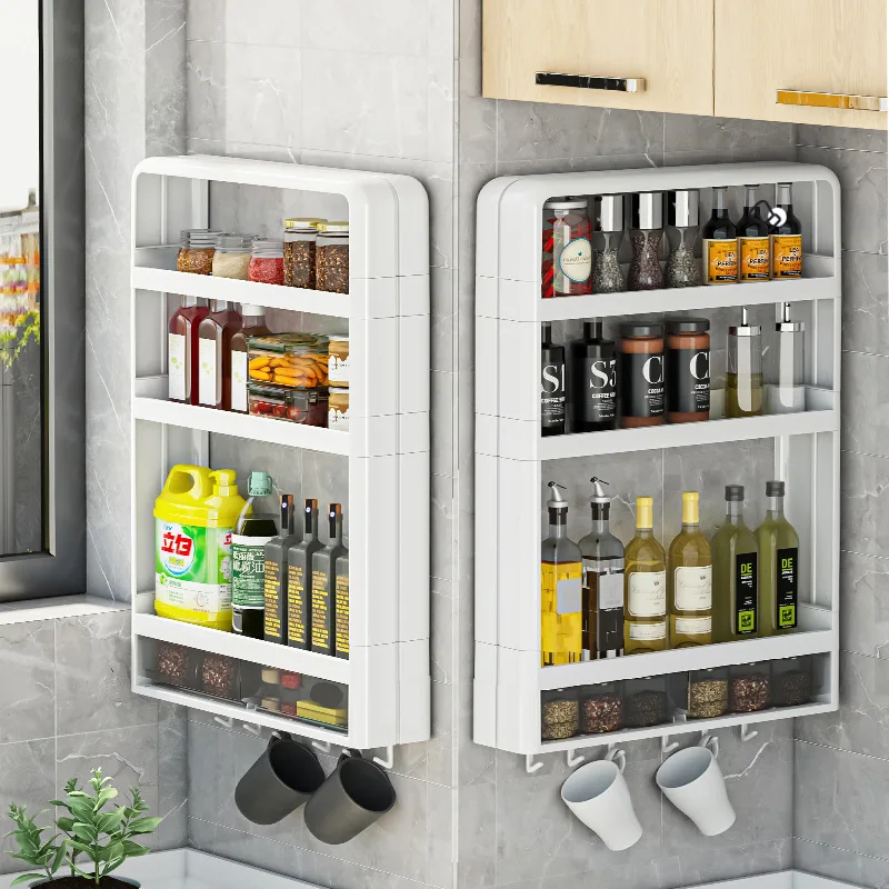

Wall Mounted Rack With Drawer Seasoning tank Holder Shelf Adhesive Storage Rack Kitchen Organizer