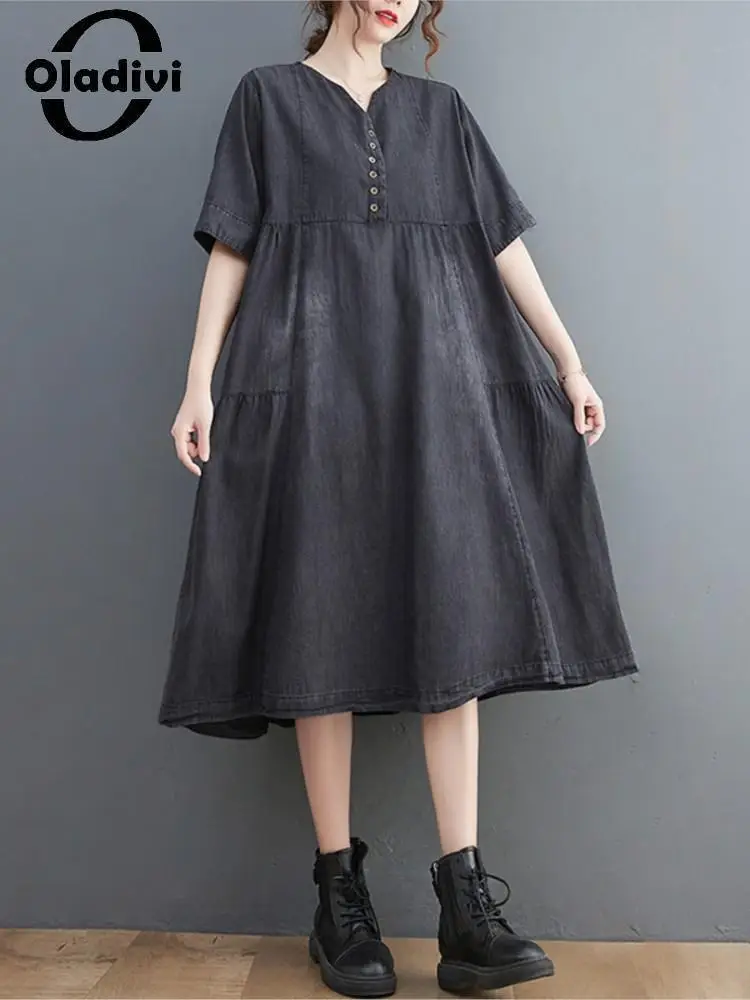 

Женское джинсовое платье Oladivi, с коротким рукавом, повседневное свободное винтажное платье из денима, модель 9525 большого размера на лето