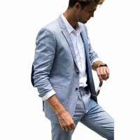 2022 blue linen mens suit classic summer jacket mens suit for wedding smart casual beach prom blazer slim fit 2 piece