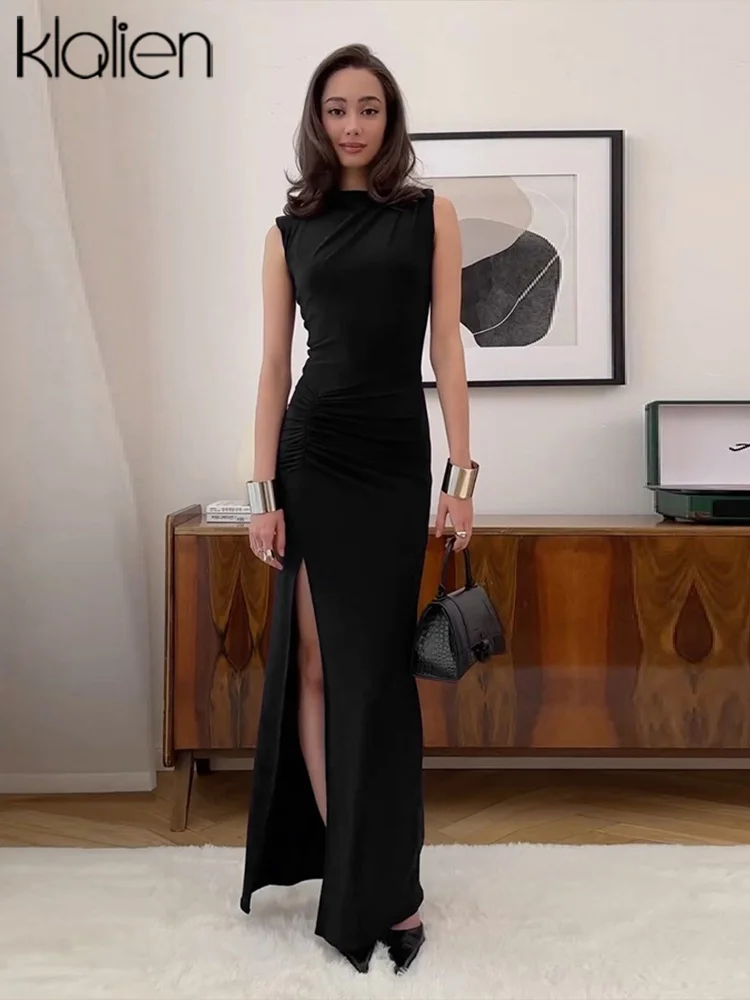 Klalien элегантные длинные платья для женщин Новые однотонные без рукавов с Боковым
