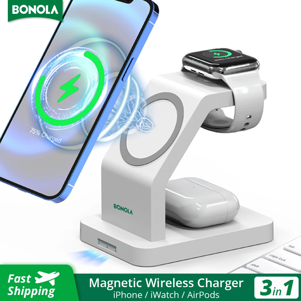 Настольное магнитное Беспроводное зарядное устройство Bonola 3 в 1 для iPhone 13 Pro Max/12 Mini