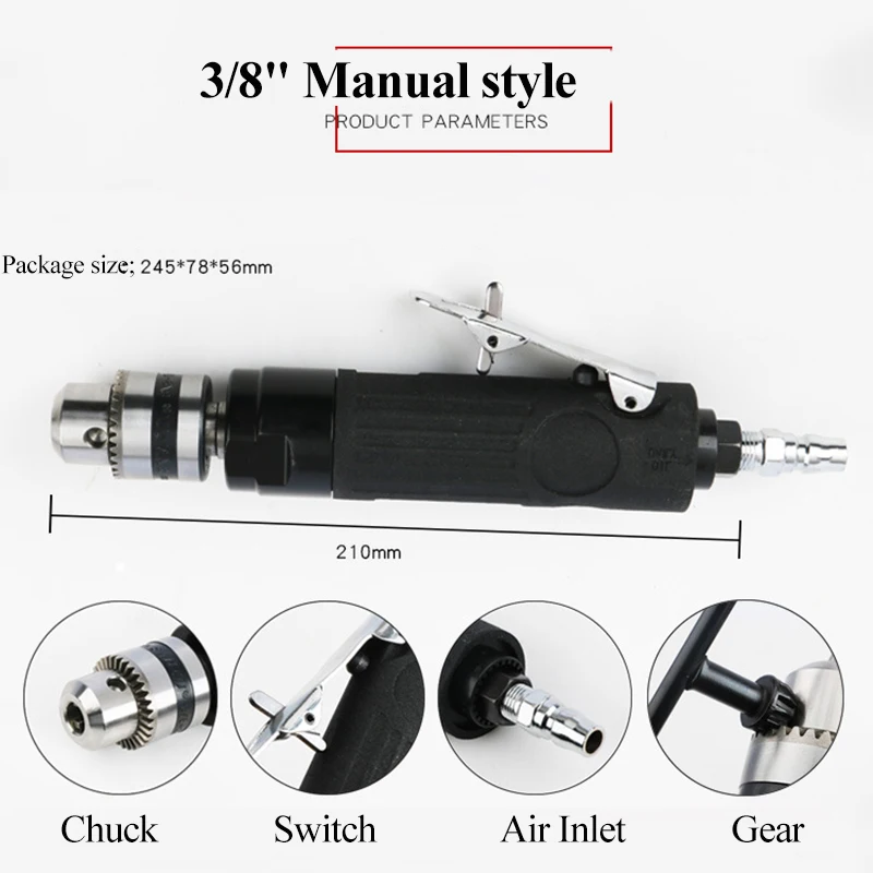 3/8'' Chuck Air Drill Pneumatic Straight Three-jaw Medium-speed Gun Drilling Machine Tool |