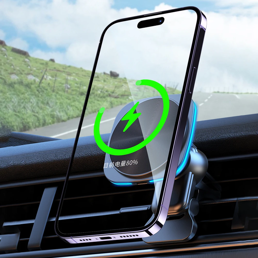 

Wireless Charging Dock Adjustable Magnetic Car Charger Air Vent Phone Holder with LED Light for iPhone 12/13/14