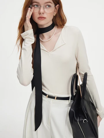 FSLE damski sweter z długim rękawem topy sweter damski dekolt w serek Slim bawełniany szary sweter beżowy swetry jesienny Top 24FS13097