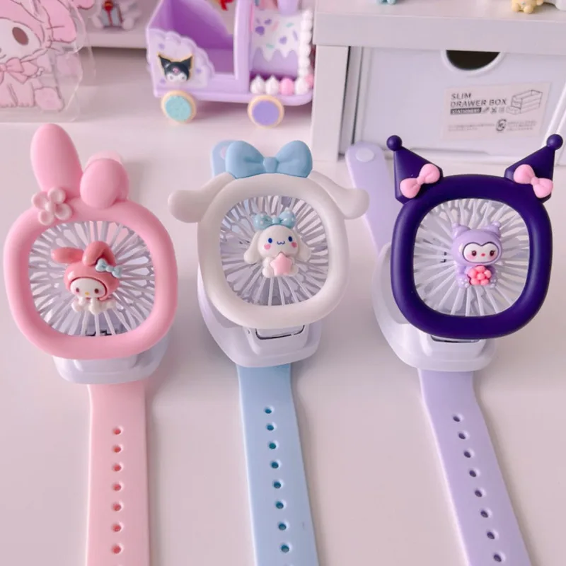 

Sanrio Kawaii часы веер Аниме фигурки Kuromi Melody Cinnamoroll Usb зарядка мини веер с реальной детской милой игрушкой креативный подарок