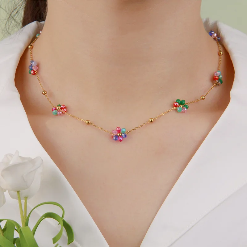 G&D Summer Bohemia Flower Charm Chain Necklace Golden Stainless Steel Colorful Daisy Choker Necklace Non Tarnish Jewelry Women