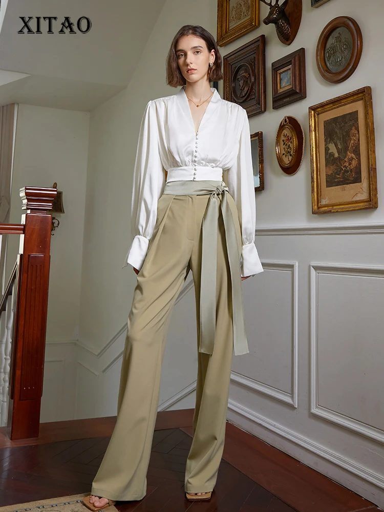 

XITAO Temperament Wide Leg Pants Fashion Simplicity Patchwork Bandage Casual Pants Loose All-match Women Autumn New WLD8800