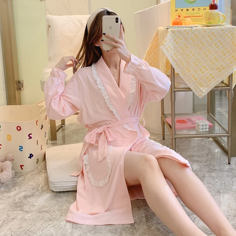 

2022 Spring Autumn Cotton Long Sleeve Kimono Robes for Women Sexy Lace Bathrobe Sleepwear Nightdress Homewear Night Dress Nighty