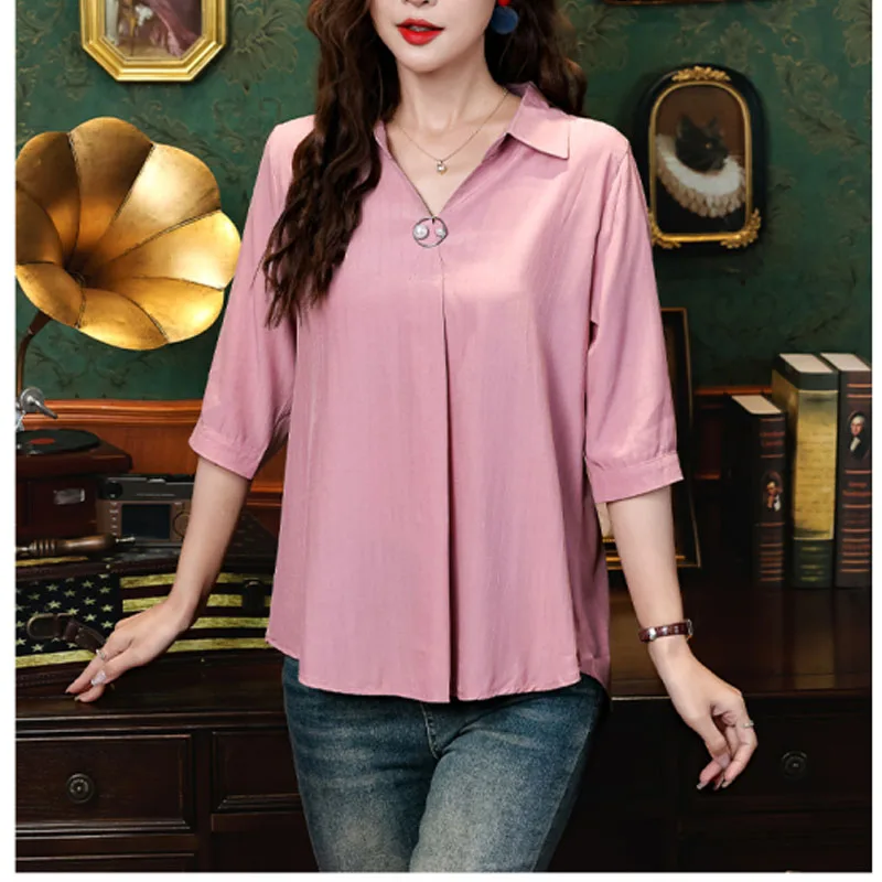 Женский однотонный шифоновый топ с V-образным вырезом и полурукавом