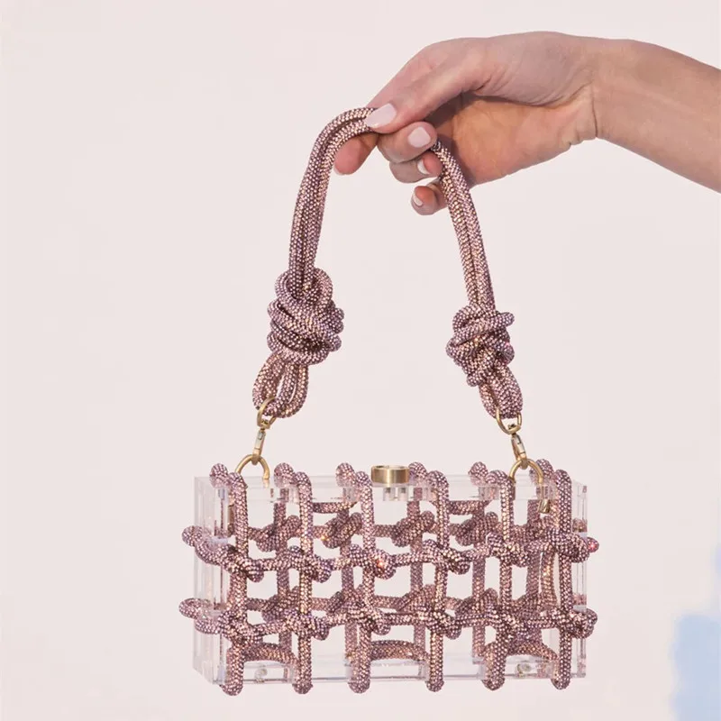 

Украшенная кристаллами веревка акриловый клатч искусственная вечерняя сумка на плечо Женская Роскошная прозрачная Фотосумка с узлом для свадьбы