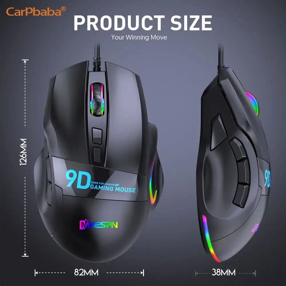 Фото Игровая мышь с разрешением 12000 DPI, 9 кнопок, оптическая, USB, проводная, оптом, компьютерные аксессуары, RGB, киберспортивная, высококачественная №3