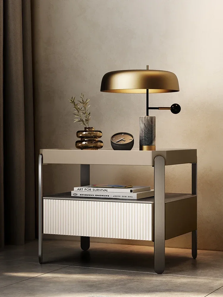 

Italian Minimalist Stone Plate Bedside Table High-Grade Glass Table Modern Simple and Light Luxury Bedroom Induction Lamp