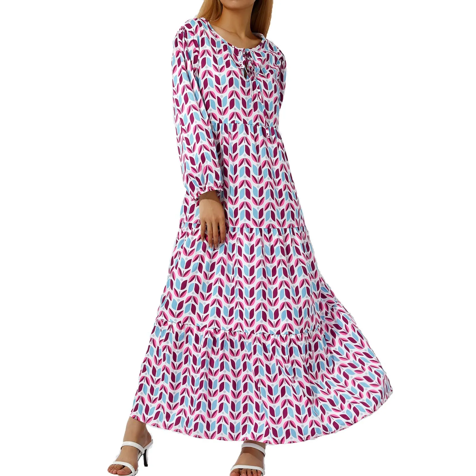 

A Dress Women Women's Bohemian Flower Print Long Dress Puff Loose Swing Maxi Beach Dress Fashion Smocked Swing Dress Knee Length
