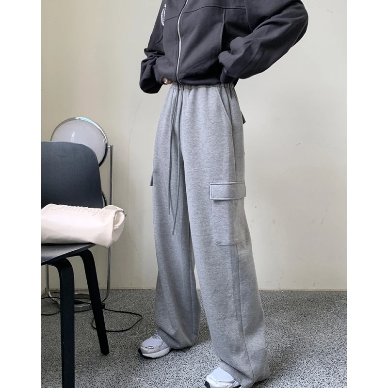 

Женская одежда, серые повседневные брюки с высокой талией, винтажные мешковатые уличные модные женские прямые брюки с широкими штанинами