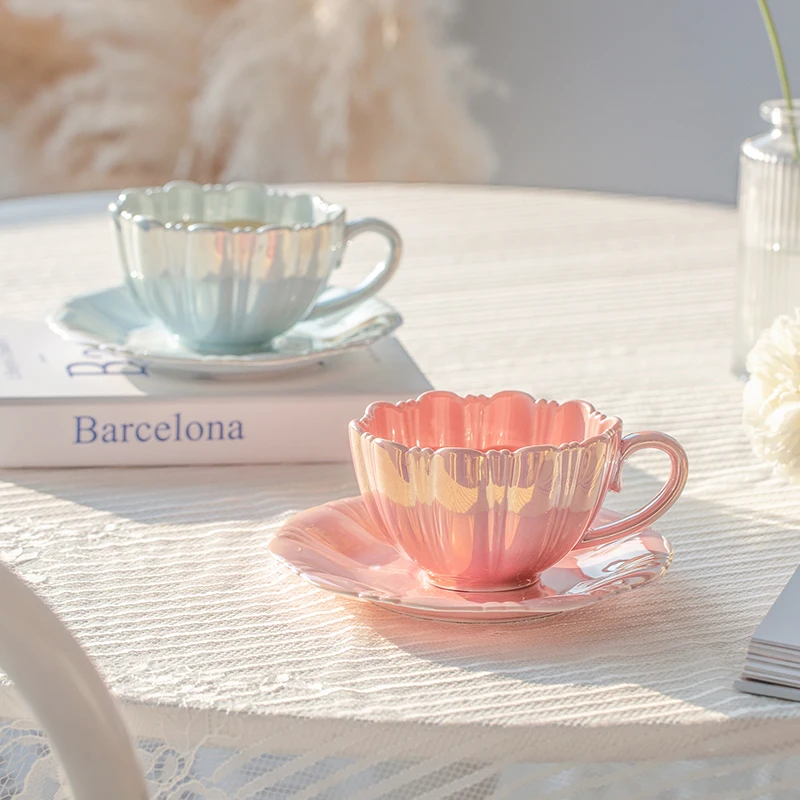 

Pearl Petal Ceramic Coffee Cup Saucer Afternoon Tea Drinkware Pink White Blue Coffee Mug with Spoon Tray Milk Tea Mugs Teacup