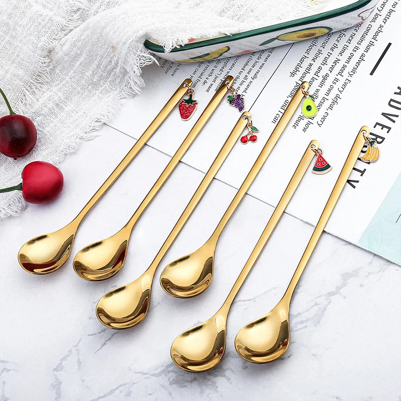 Creative Coffee Spoon Stainless Steel Gold Silver Scoop Fruit Pendant Ice Cream Spoon Cutlery Dinnerware Christmas Gifts images - 6