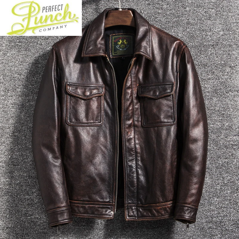 

Мужская мотоциклетная куртка из натуральной кожи, в стиле ретро