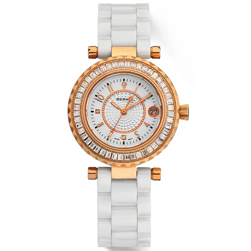BERNY Women Quartz Watch Swiss 705 Diamond Luxury Brand Fashion Ceramic Bracelet Wristwatch Sapphire Rhinestones Watch Ladies