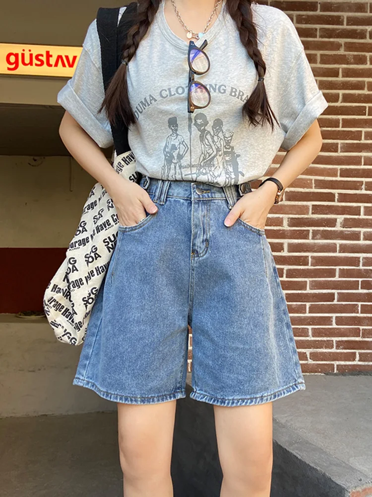 New Spring Summer Women High Waist Button Blue Denim Shorts Streetwear Female Wide Leg Retro Jeans Shorts Bottoms