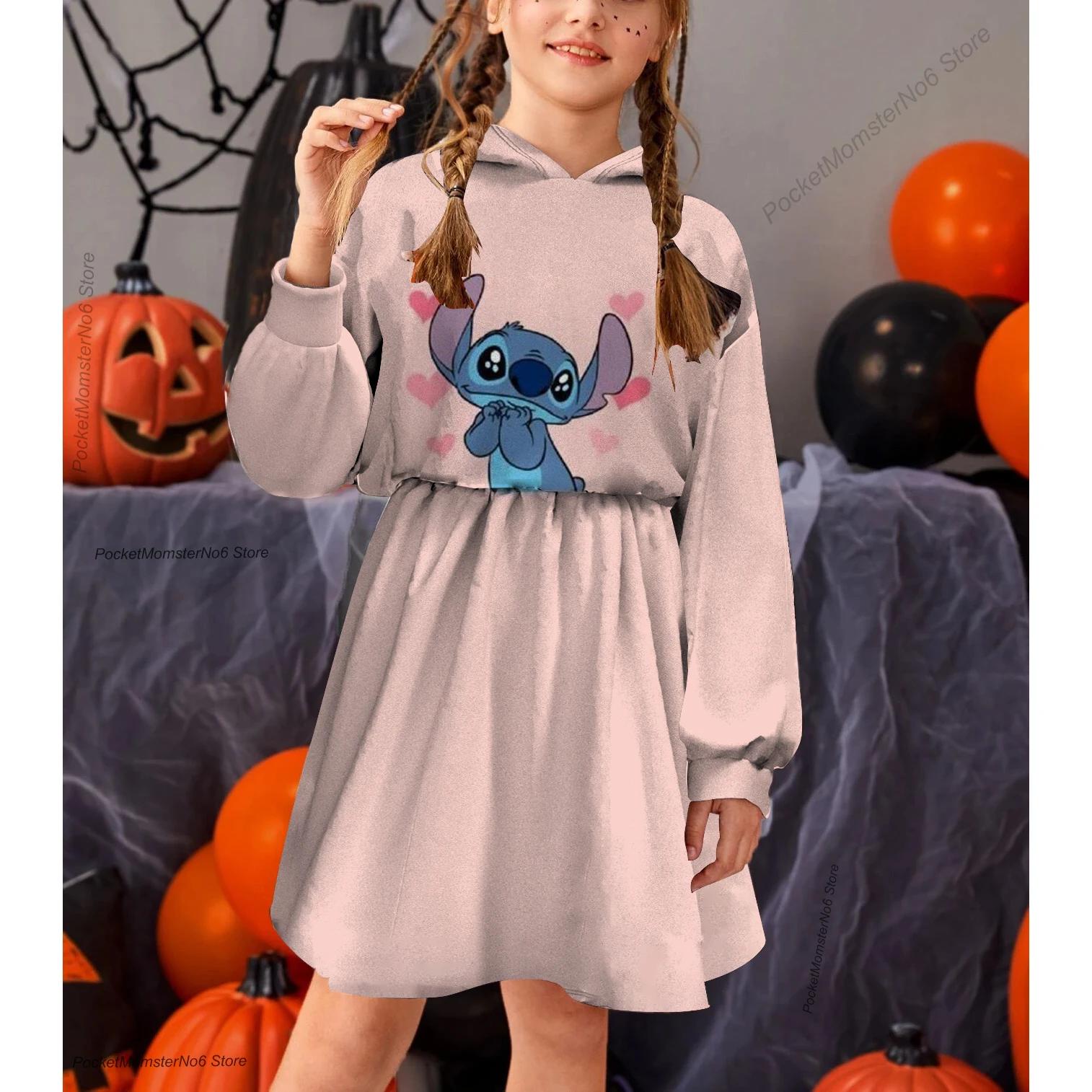 Купи 2022 New Autumn Winter Disney Stitch Cartoon Casual Girls Hoodie Cute Dress Printed Children's Wear Cartoon Princess Dress за 432 рублей в магазине AliExpress