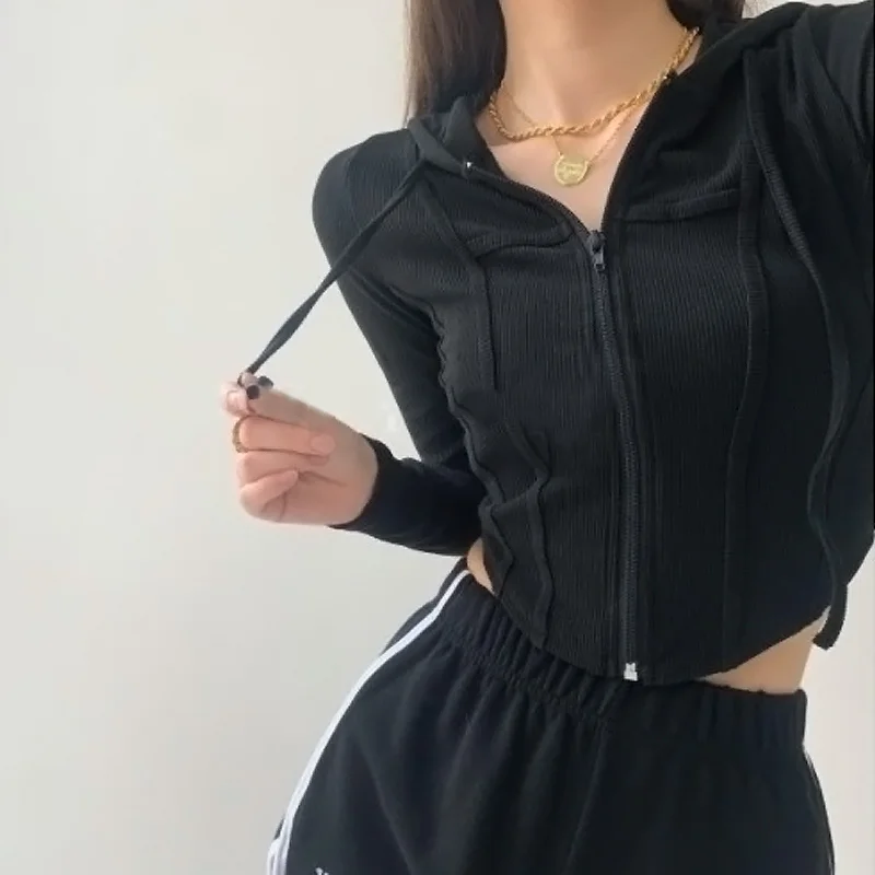 

New Women's Autumn Sweater Casual Sports Wild White Slim Fit Jacket 2022 Fashion Drawstring Zipper Hood