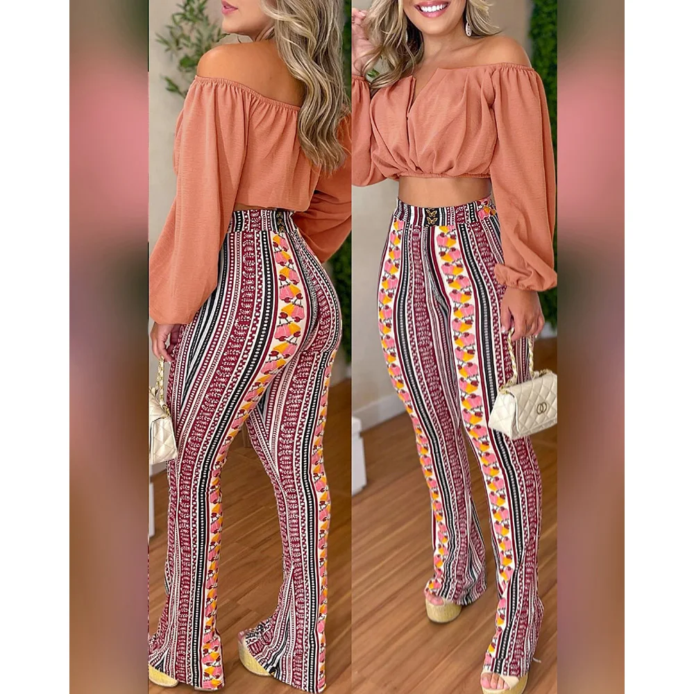 2022 New Fashion Women Long Pants Casual Suit Femme Sexy Off Shoulder Ruched Crop Top & Tribal Print Pants Set for Woman