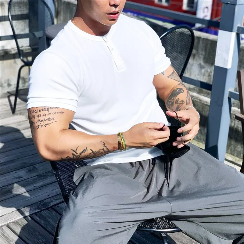 2022 new button collar Man Fashion T-shirt Shirt Casual Plain Color sleeve High Quality Slim Men Fitness homme tee |