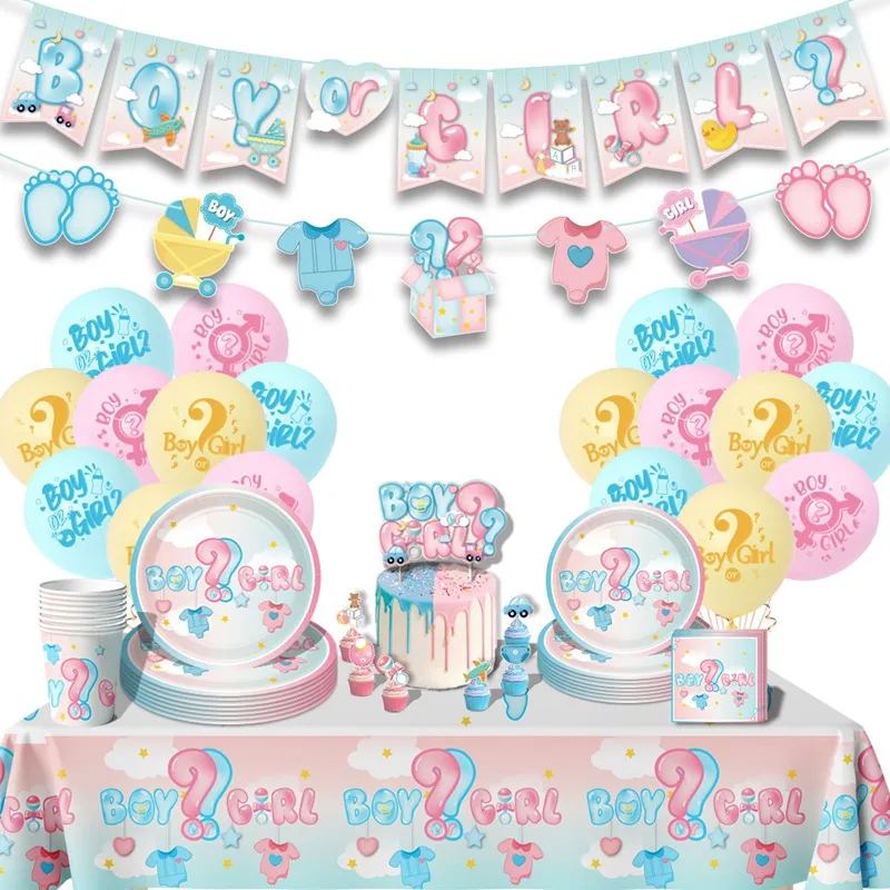 

Pink Blue Boy Or Girl Gender Reveal Baby Shower Party Disposable Tableware Plates Cups Tablecloth Bag Banner Balloon Decoration